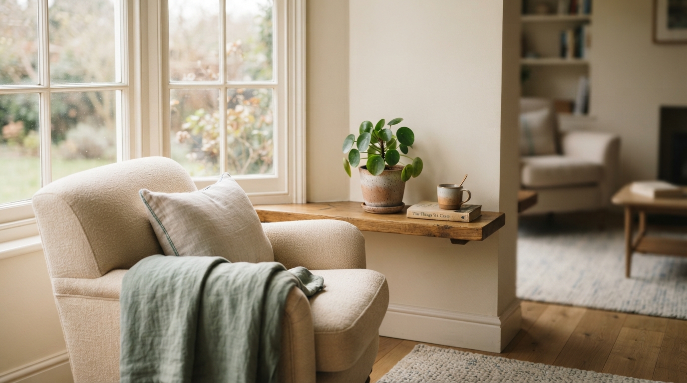 Calm therapy room details with a linen blanket, a small potted plant and soft natural window light in warm cream tones