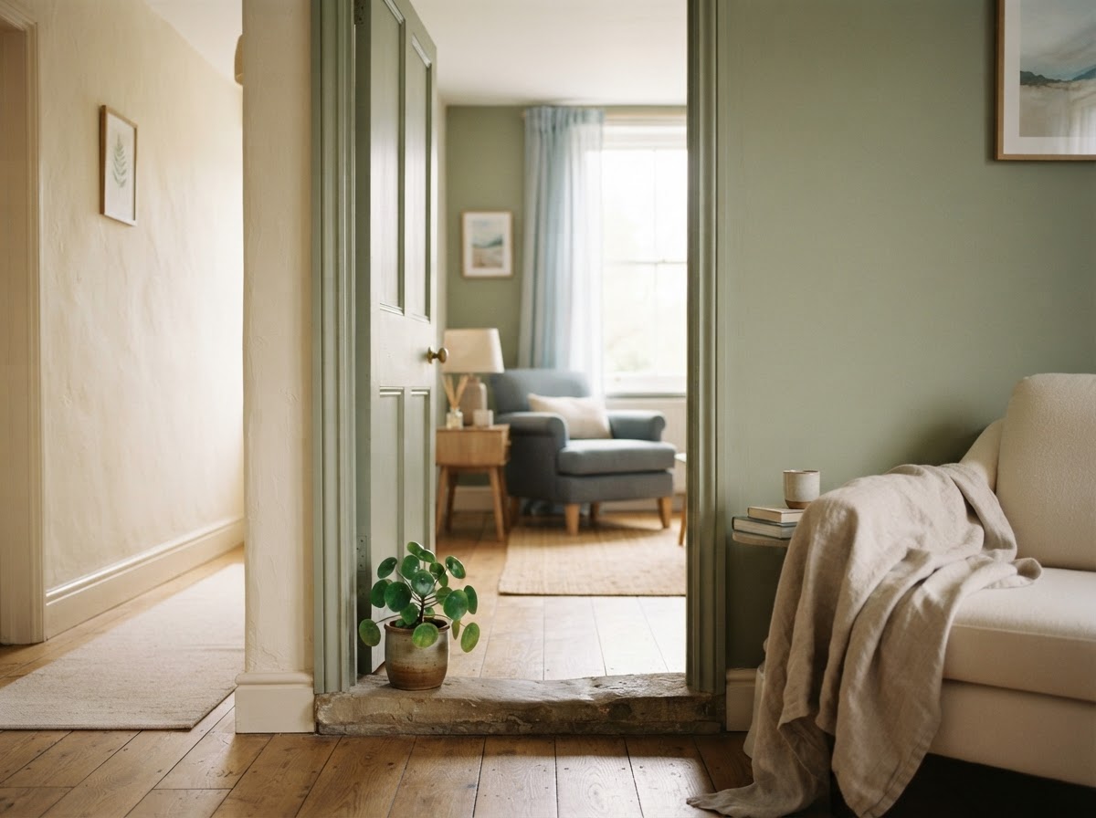 An open doorway revealing a calm therapy room with soft natural light and warm cream tones