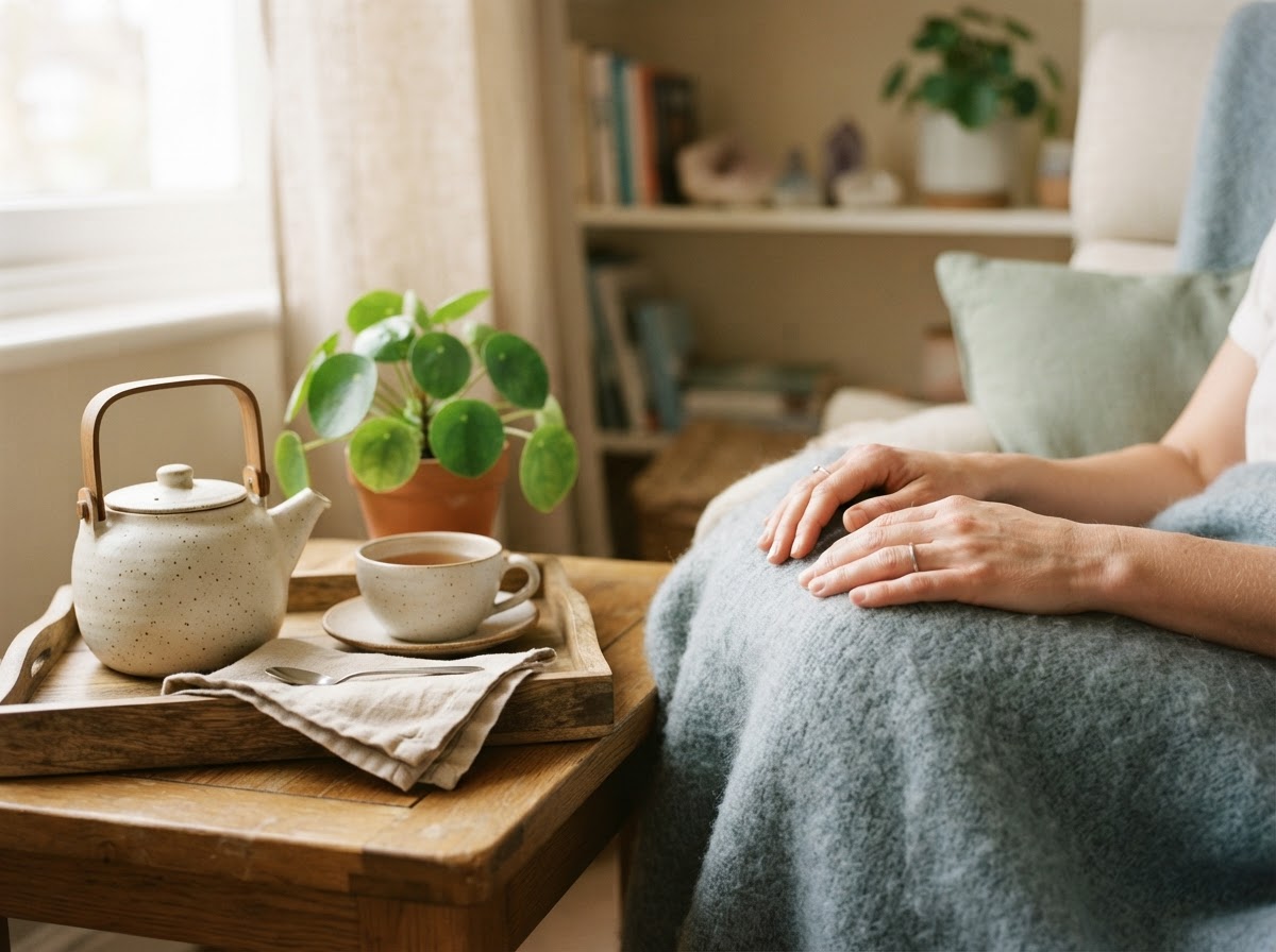 A serene still life with a teapot, folded linen and a small plant in soft window light