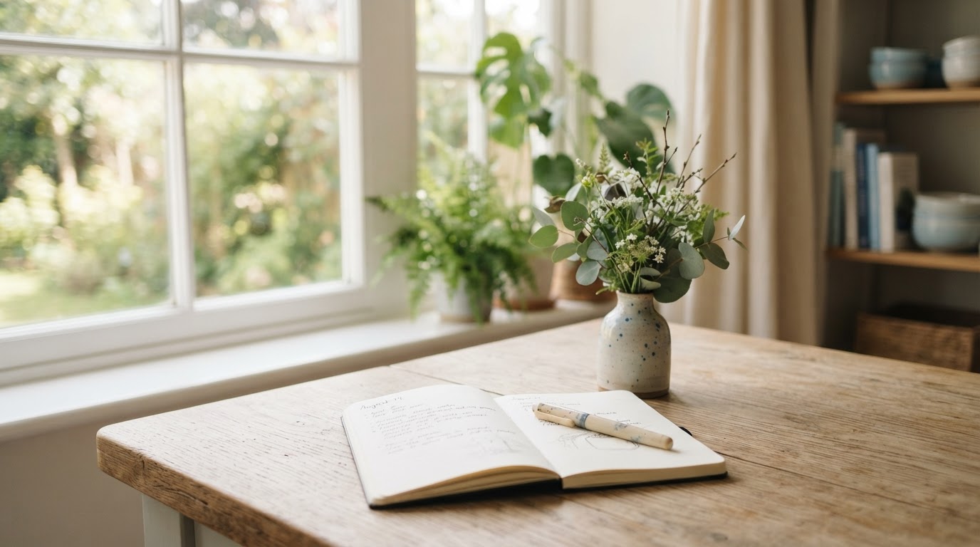 A calm desk scene with soft natural window light, warm cream tones, a notebook, pen and small vase of greenery