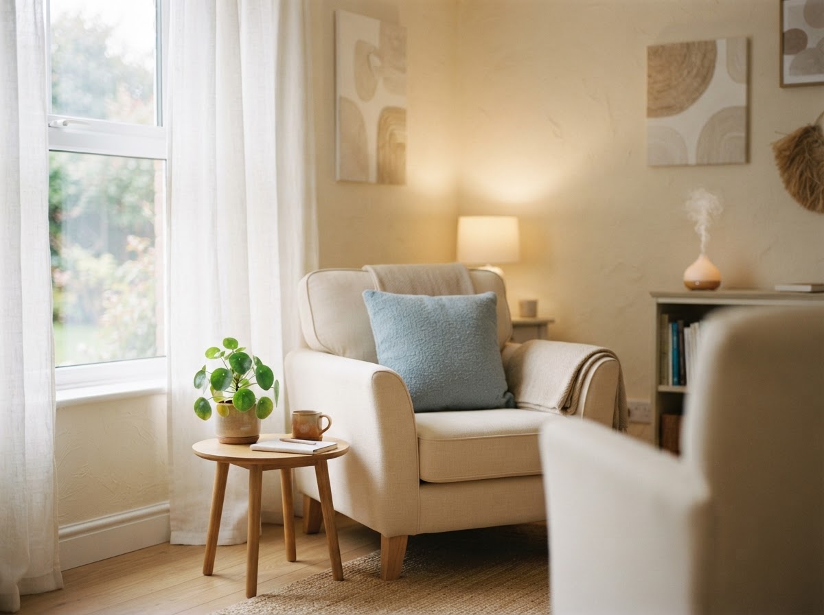 A calm therapy room with soft window light, a blue accent cushion on a comfortable armchair and a small potted plant
