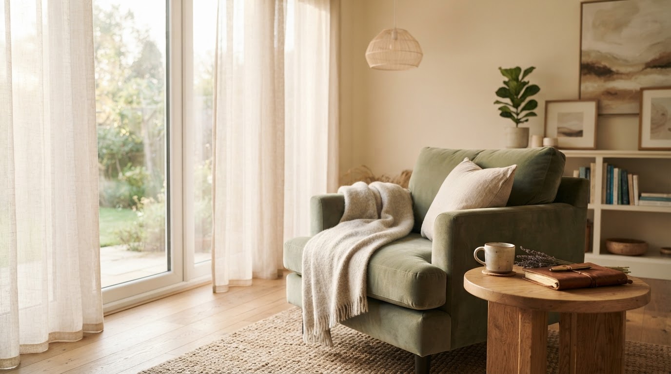 A serene, sunlit hypnotherapy consultation room with soft natural light and warm cream tones