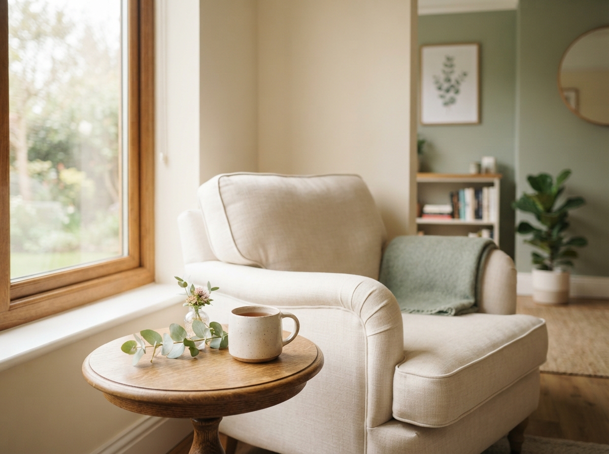 A peaceful hypnotherapy space with a comfortable cream armchair and soft natural window light