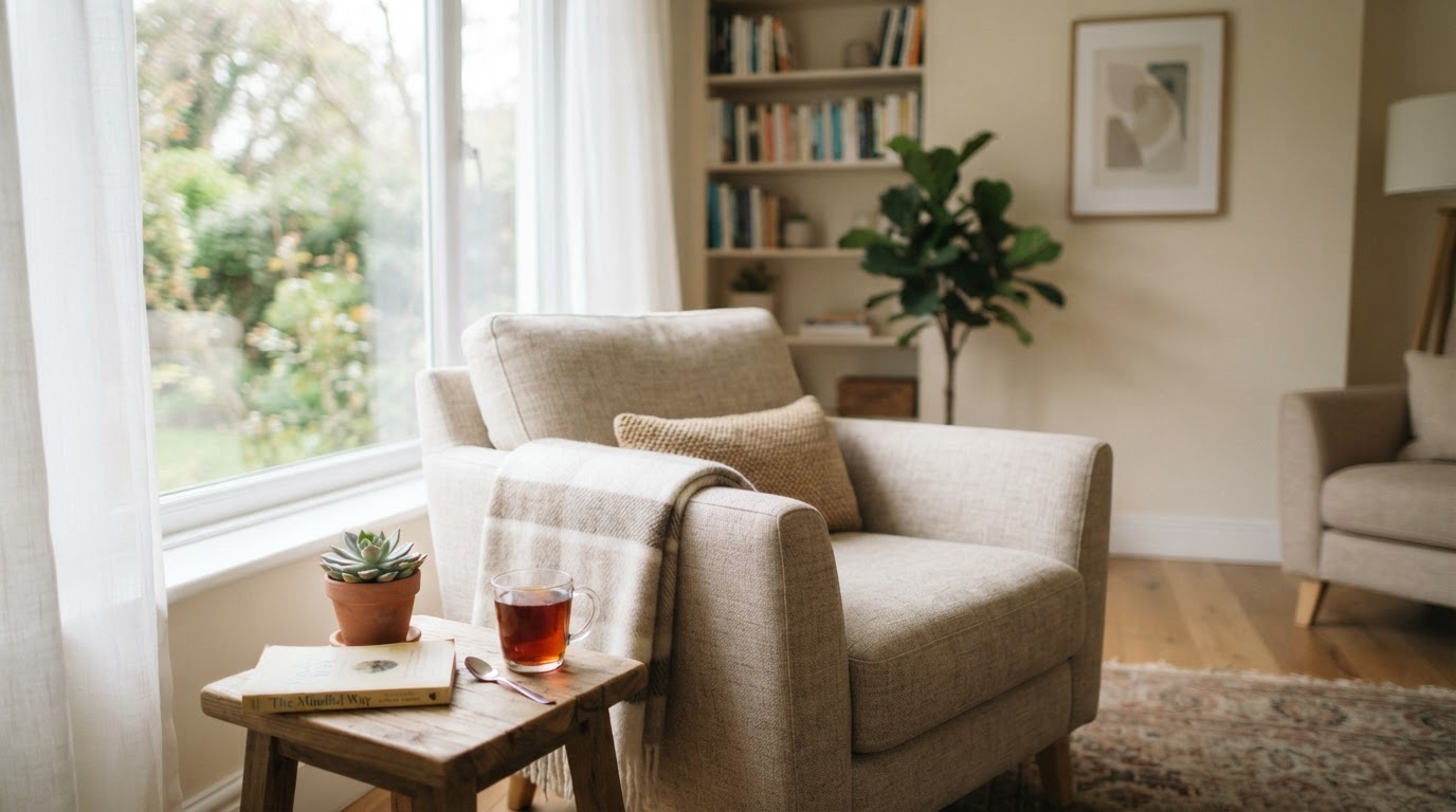 A calm therapy room with soft natural window light, a comfortable armchair and warm cream tones