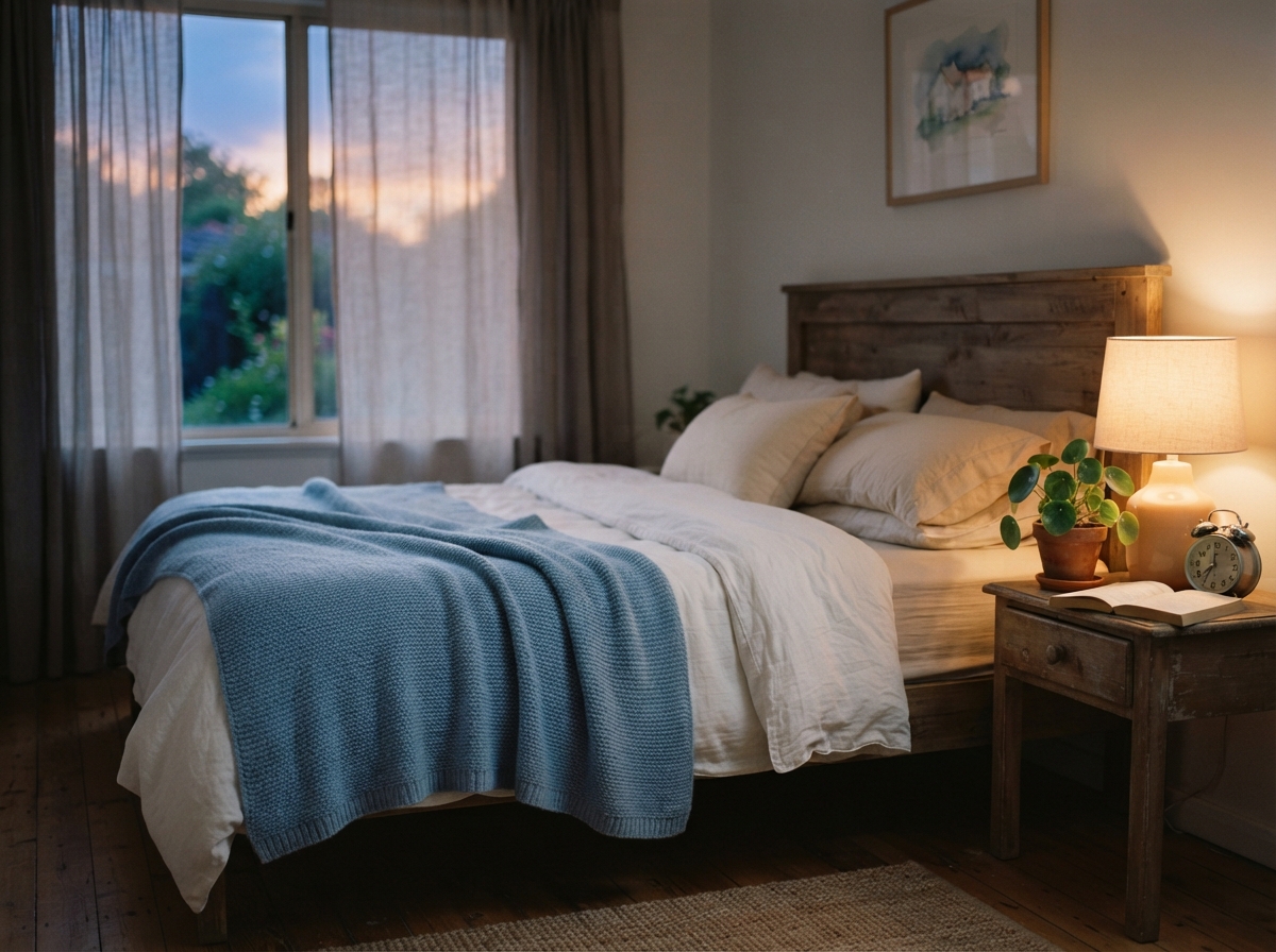 A serene bedroom at dusk with a soft blue blanket on the bed, a glowing bedside lamp and a small potted plant on the nightstand