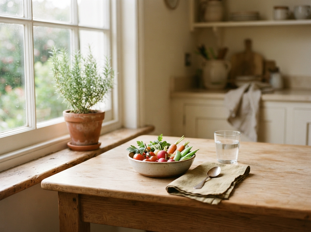 A calm kitchen scene with a wooden table, a small bowl of fresh vegetables, a linen napkin and a potted herb plant in soft window light