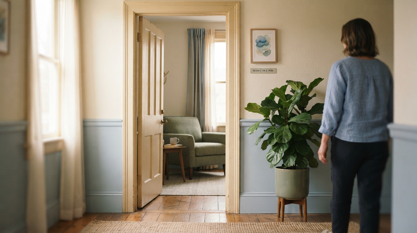 A calm doorway moment in a therapy practice with soft natural light and warm cream tones