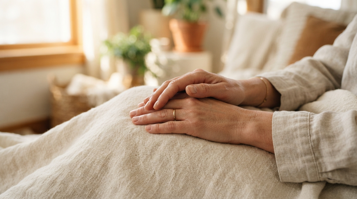 Hands resting peacefully on a soft linen blanket in warm cream tones with soft natural light
