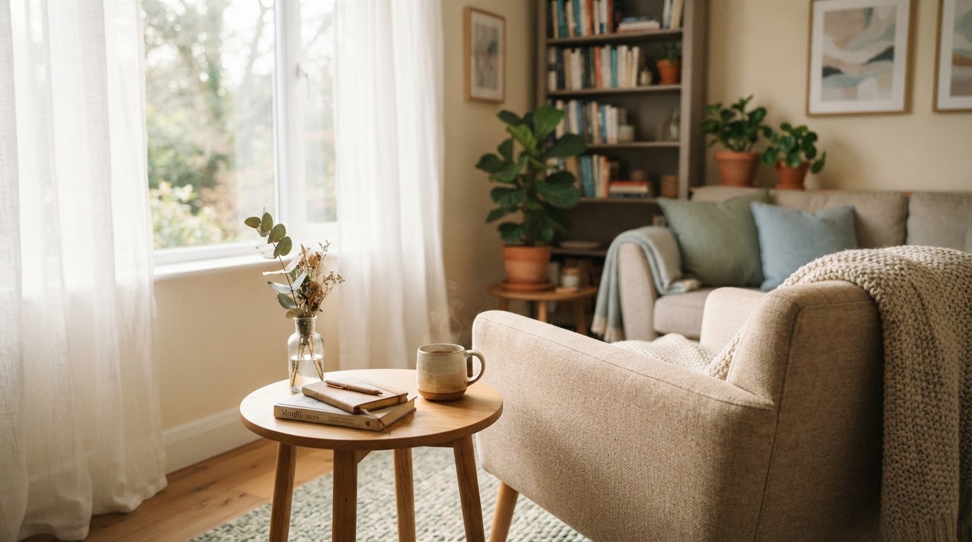 A calm therapy room interior with soft natural window light, a comfortable armchair and warm cream tones