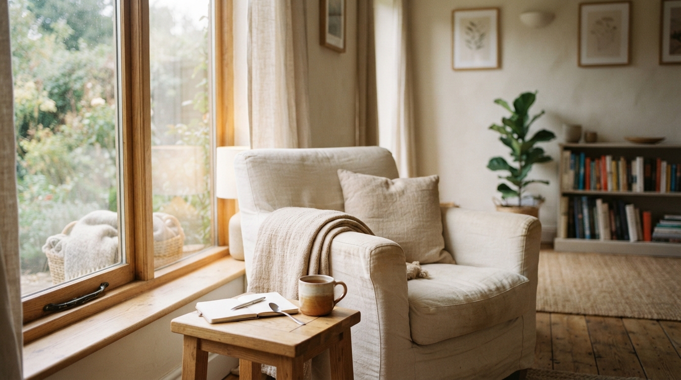 A calm therapy room with soft natural light, a comfortable armchair and a cup of tea