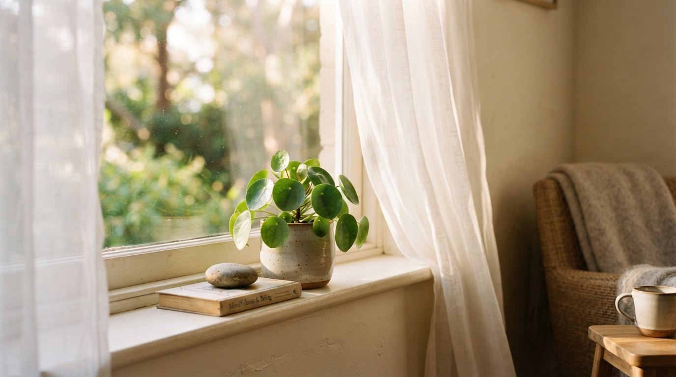Soft sheer curtains with warm cream light filtering through and a small potted plant on the sill