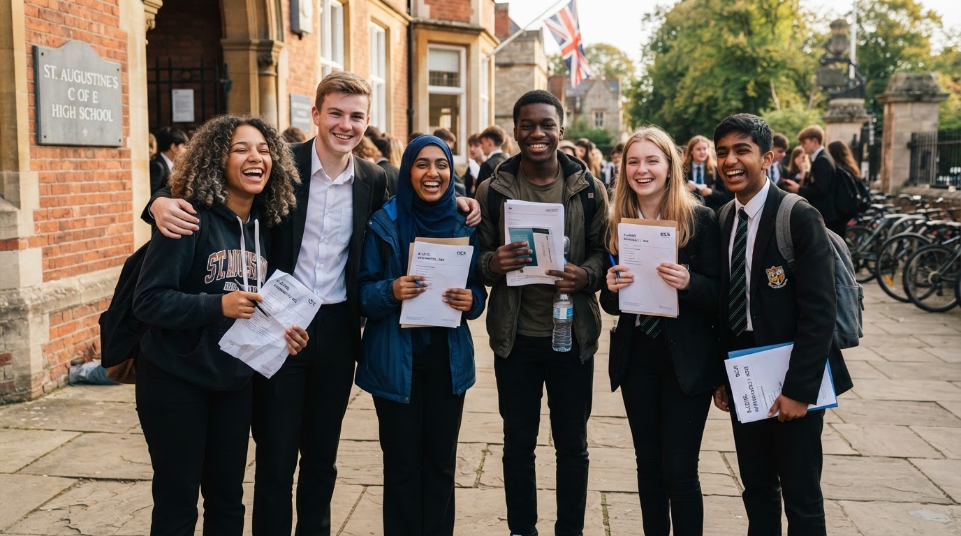 A diverse group of British students looking confident and happy after completing an exam
