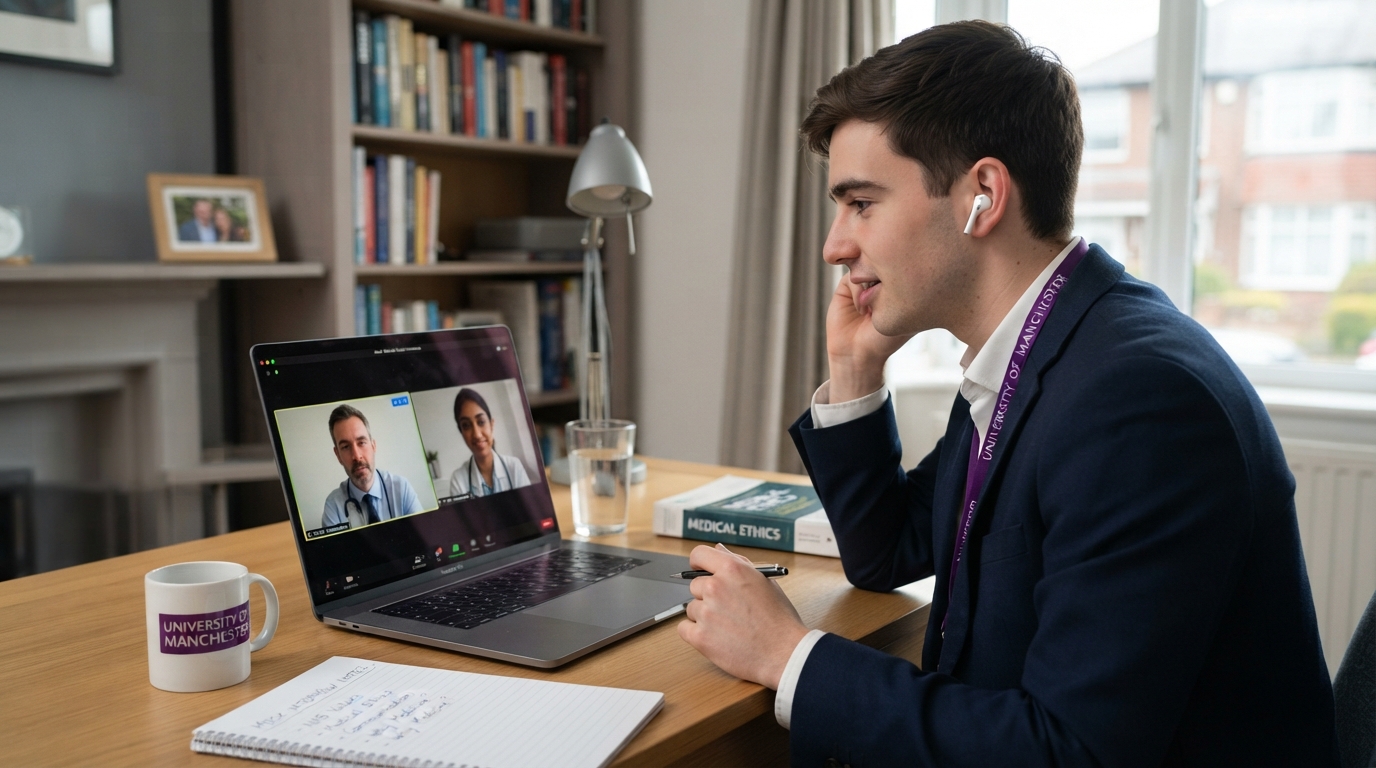 A white British student practising a mock medical school interview online via video call