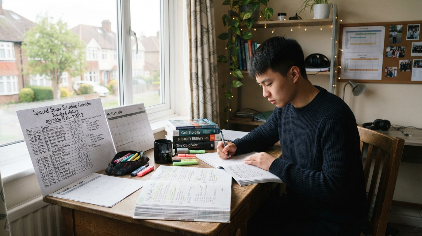 An Asian British student revising with a spaced study schedule and revision planner