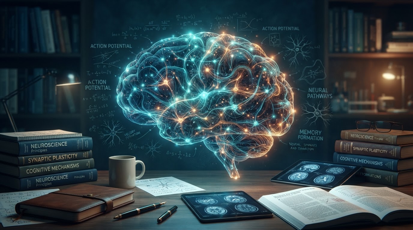Neuroscience-informed tutoring: a glowing brain made of interconnected neural network nodes representing evidence-based learning science