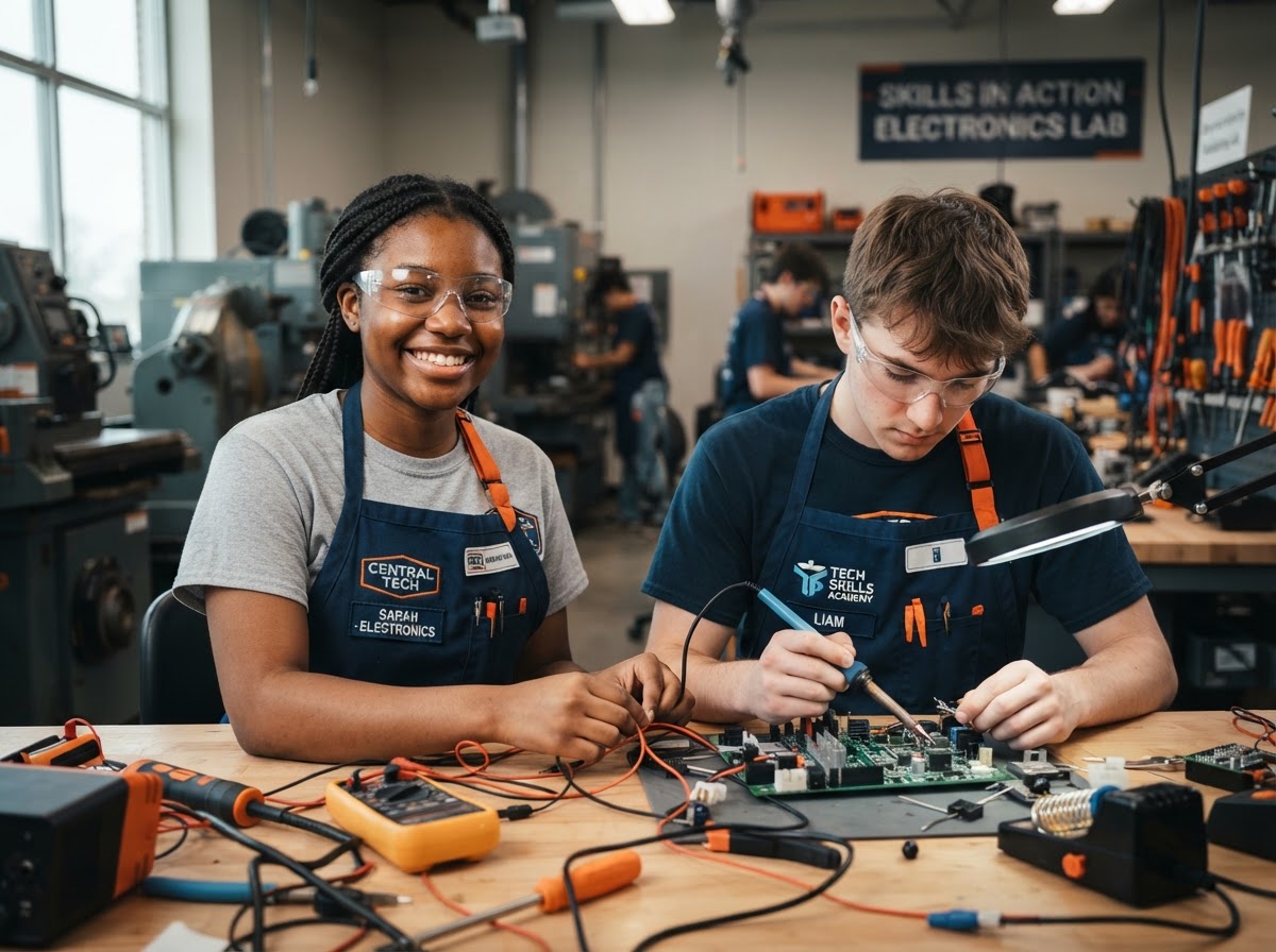 Trade school students smiling proudly in workshop