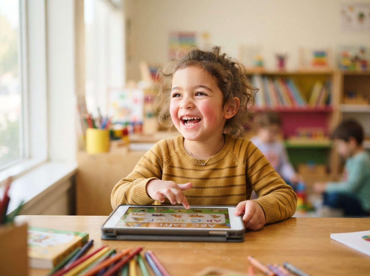 Child laughing while learning on a tablet