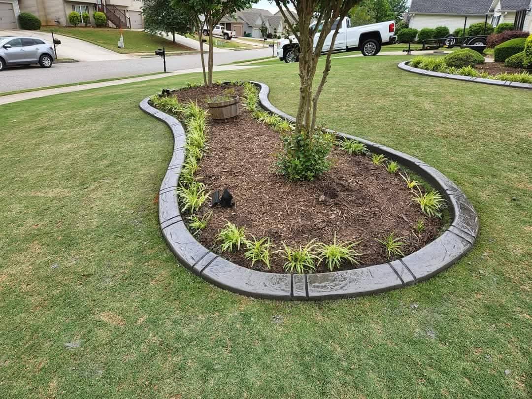 Smooth slate-gray curbing creating elegant tree island in manicured lawn