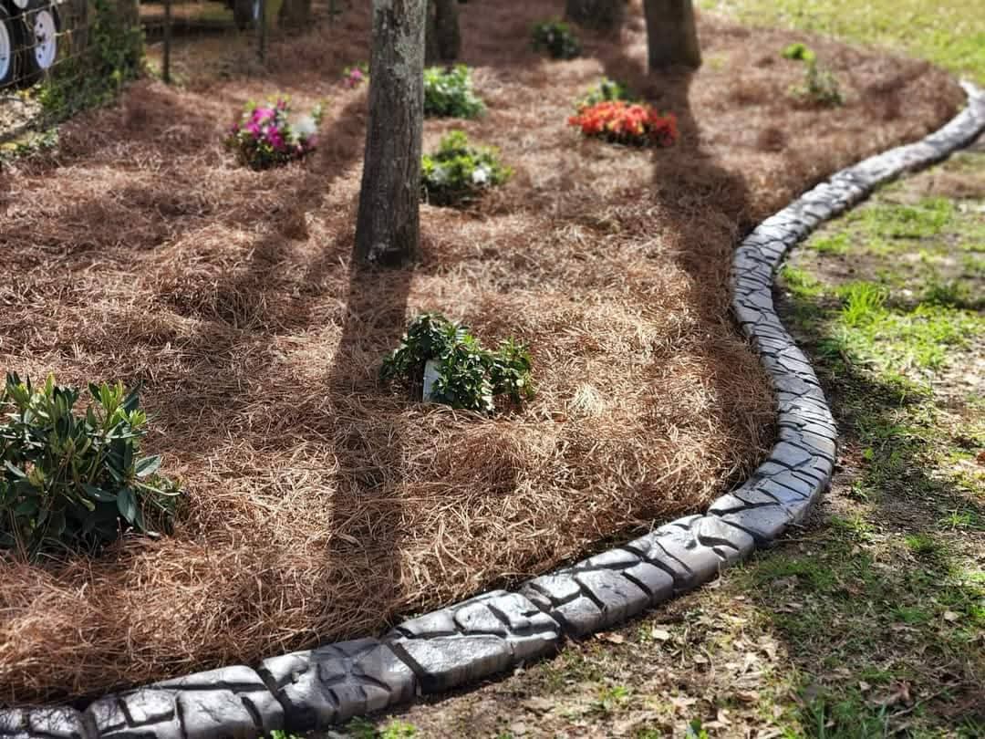 Natural stone-textured curbing around tree ring with pine straw mulch