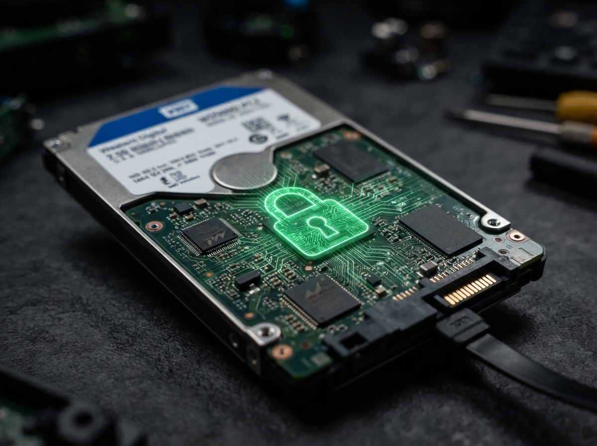 Hard drive with digital padlock symbol representing data security