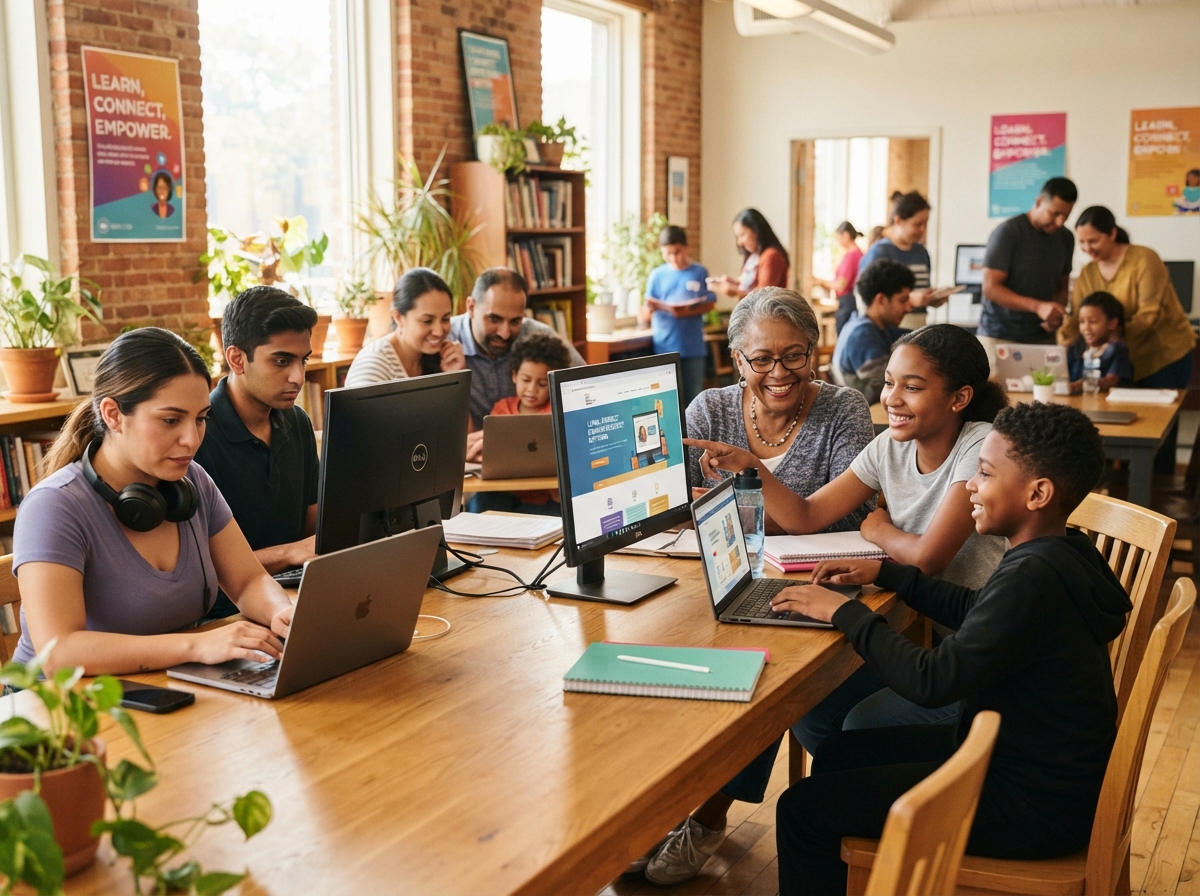Families and students using computers together in a bright community space