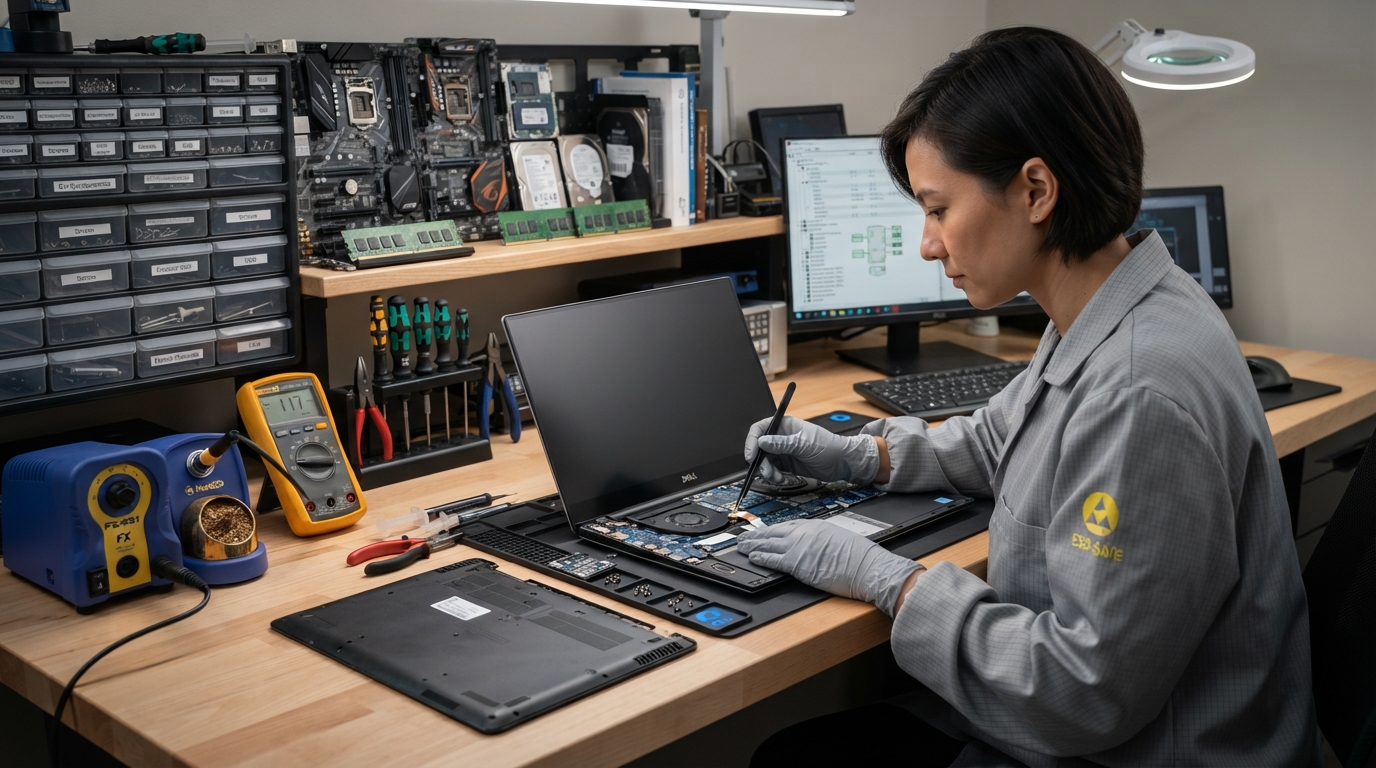 Organized electronics workbench with computer components being refurbished