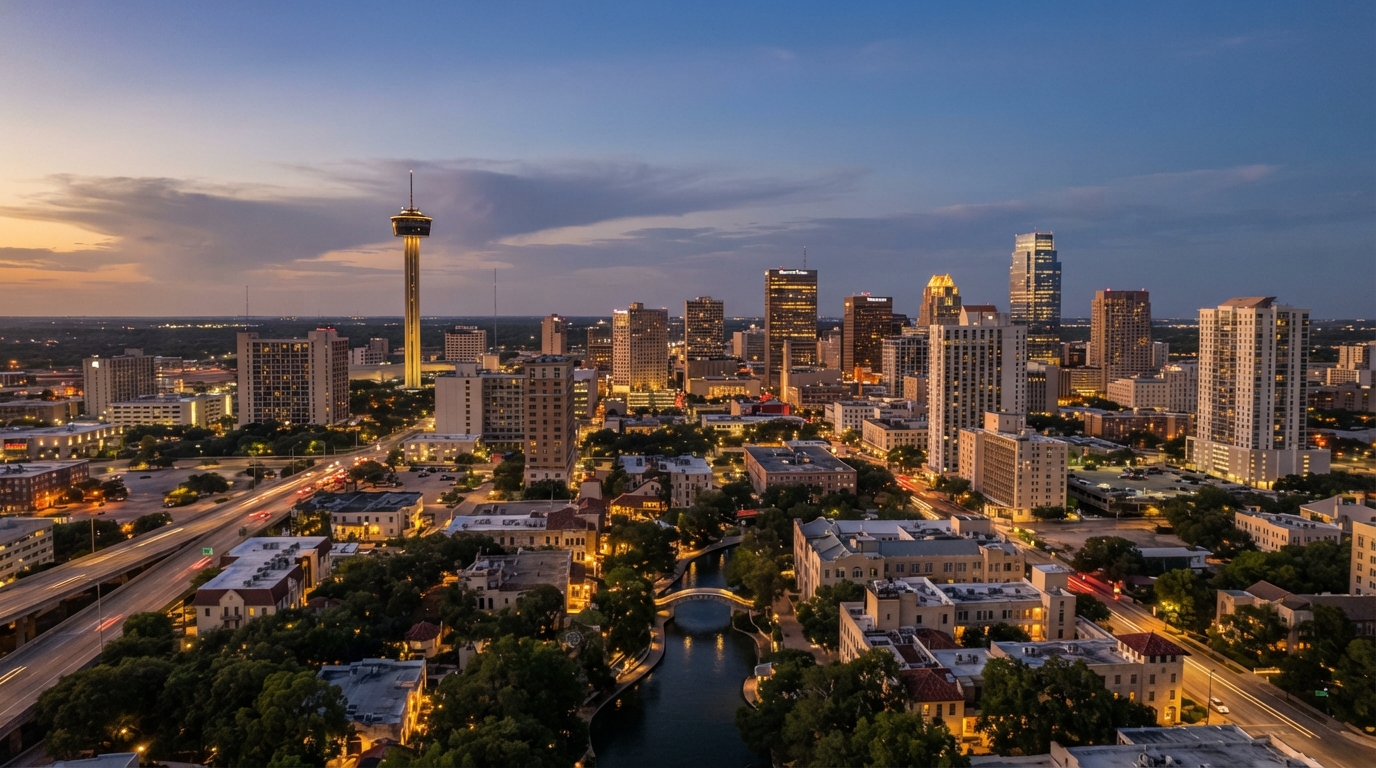 San Antonio, Texas downtown skyline at dusk, southern anchor of the Austin–San Antonio corridor James Chapa serves