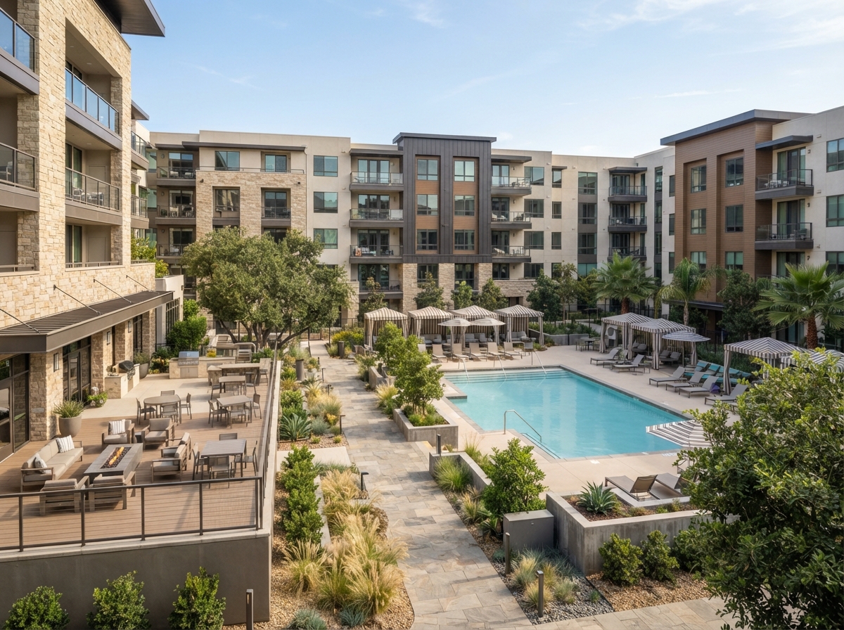 Modern multifamily apartment community courtyard, representative of James Chapa's buyer representation work