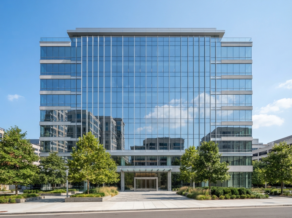 Mid-rise glass office building exterior, representative of James Chapa's office representation work