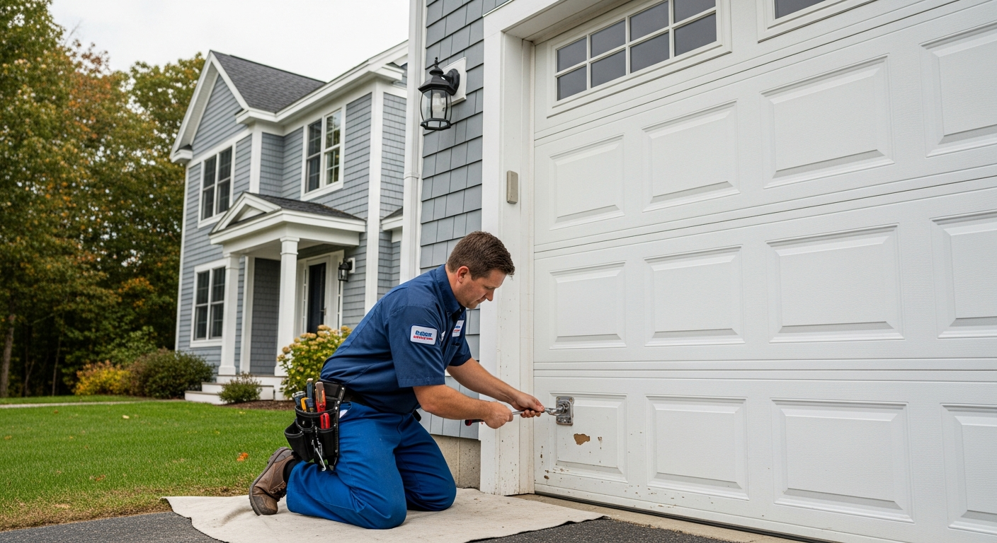 Professional garage door technician servicing a residential garage door in Washington, DC