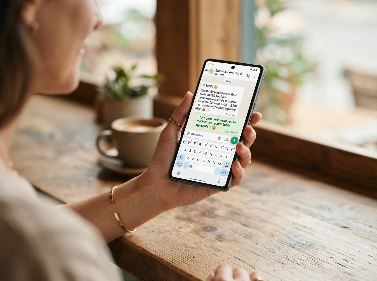 A WhatsApp button lets potential customers message you directly