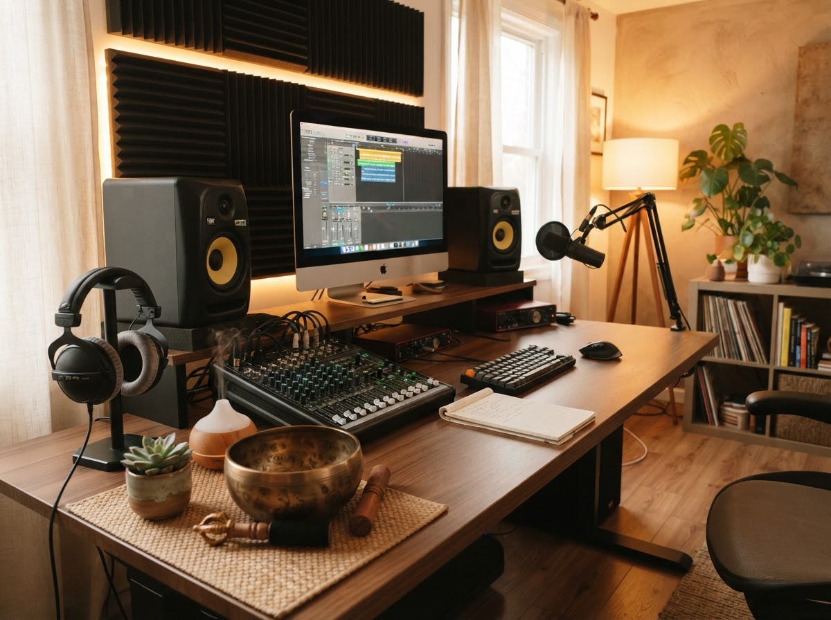 Warm audio production studio setup with studio headphones, sound mixer and a singing bowl for meditation audio