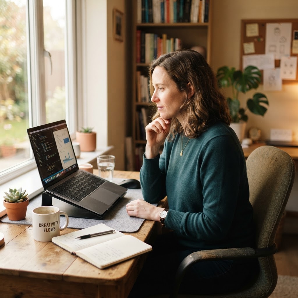 A solo entrepreneur thinking confidently at a tidy home-office desk