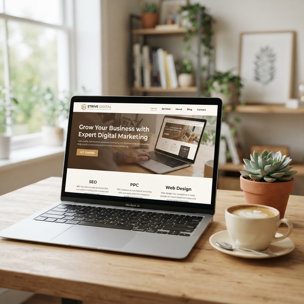 A clean, welcoming professional website on a laptop in a bright studio