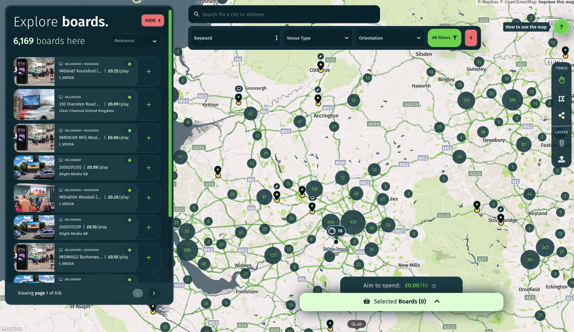 Interactive map showing thousands of premium digital billboards, roadside LED screens, and bus shelters across the UK