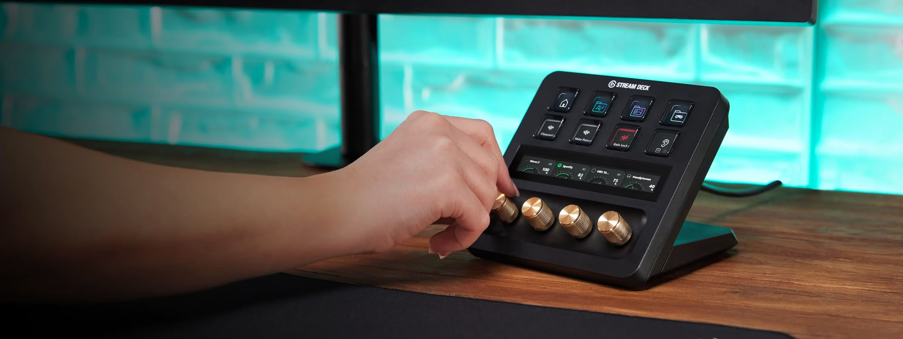 Physical audio mixer controller with rotary knobs and customizable keys for live Zoom sessions