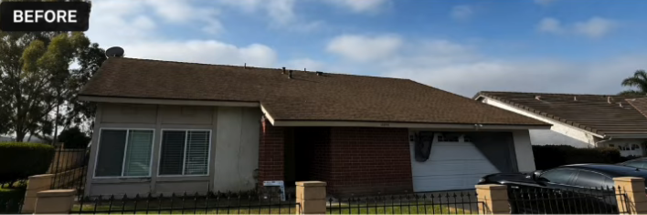 Old worn brown shingle roof before replacement (Before)