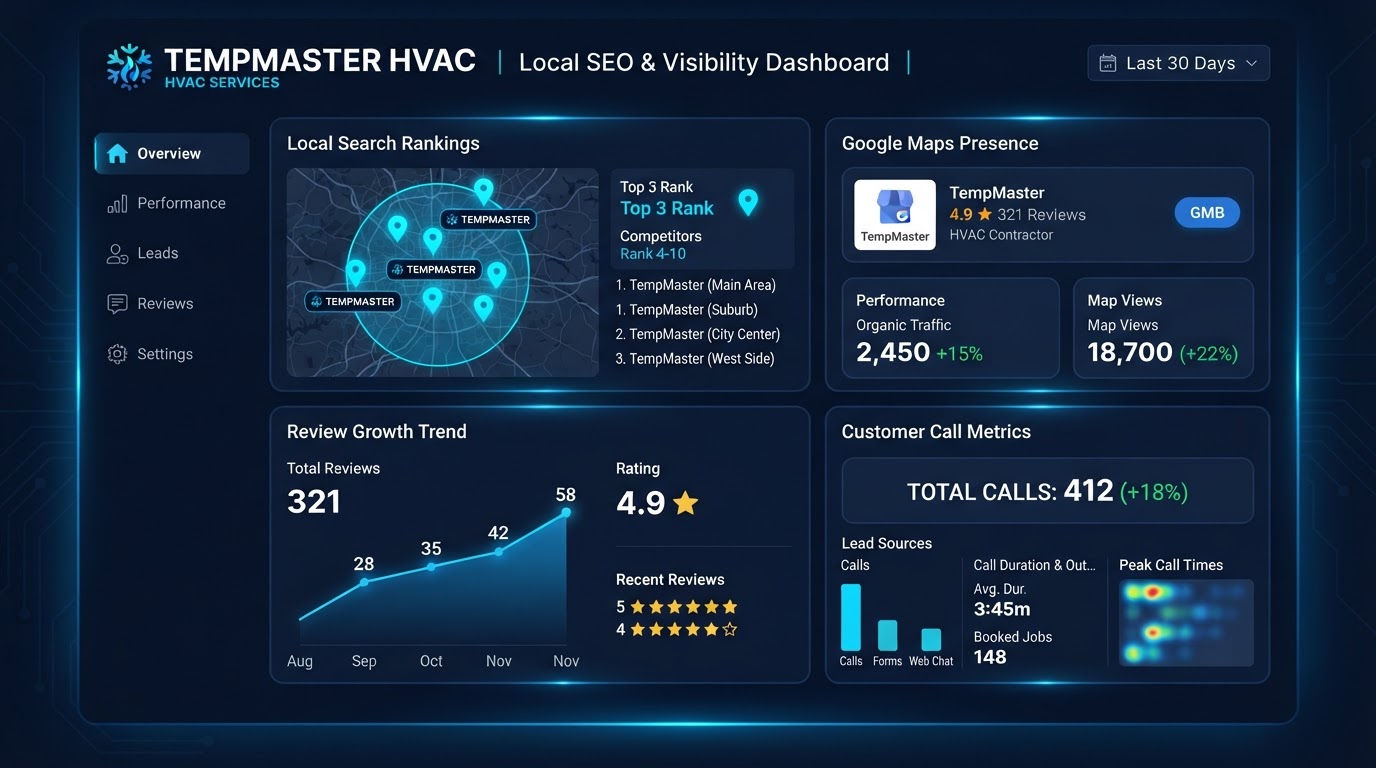 Local business visibility dashboard showing HVAC repair search rank growth, review counts, and customer calls