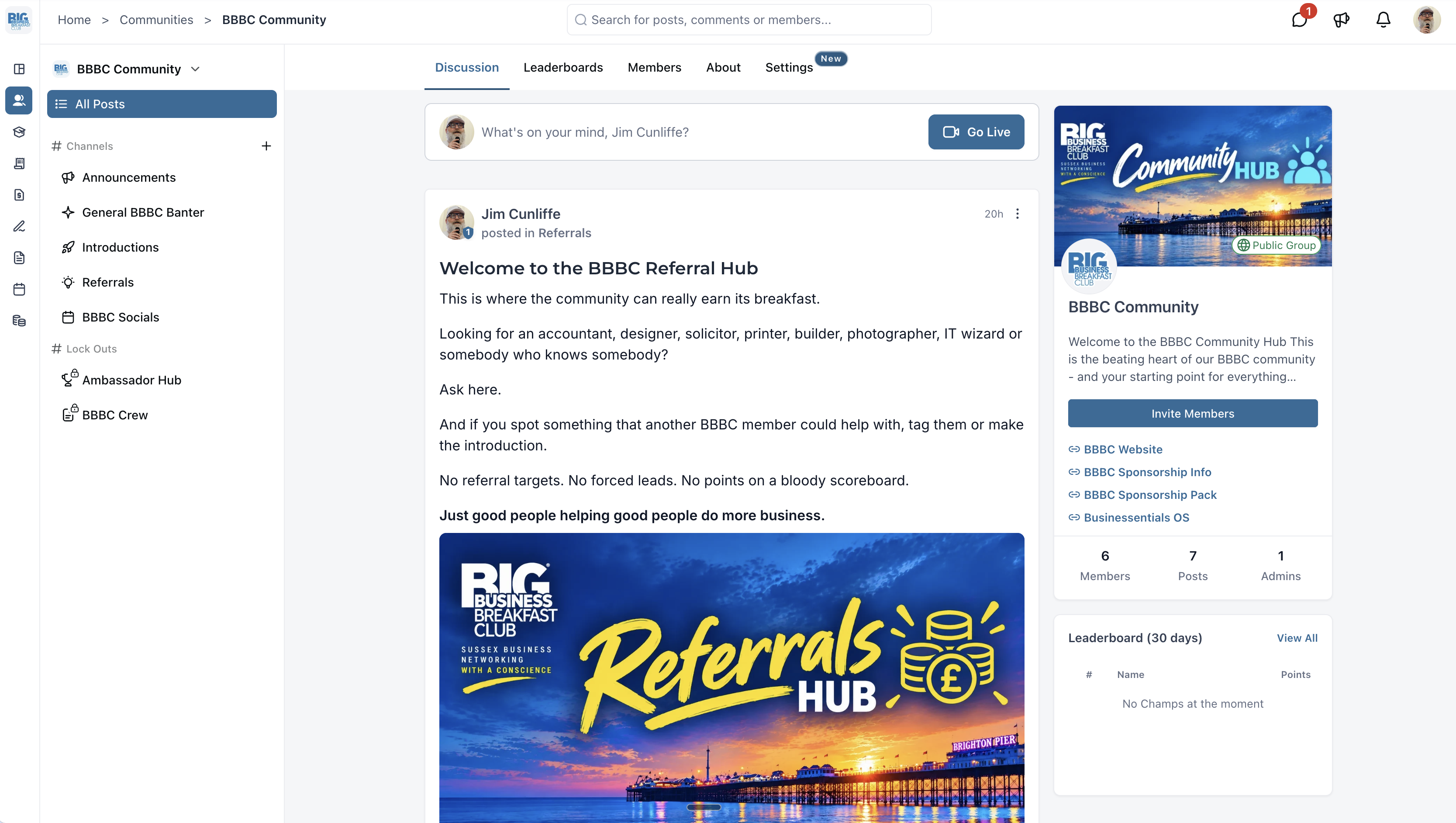 The BBBC Community Hub showing conversation channels and member posts