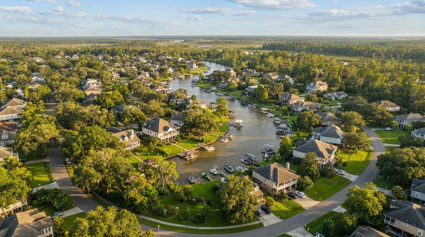 Aerial view of a South Louisiana bayou neighborhood