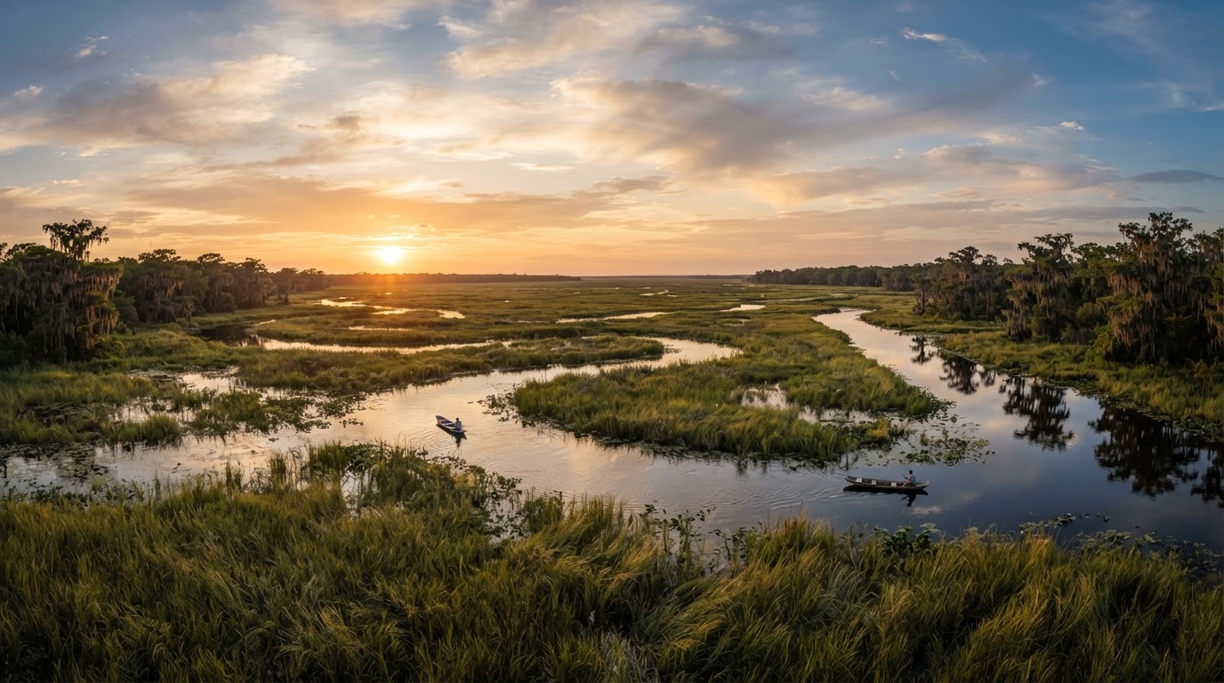 Panoramic view of South Louisiana bayou country at golden hour