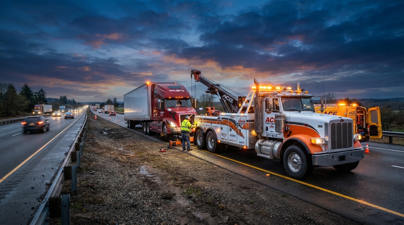 Heavy-duty diesel service truck with orange warning lights responding to a disabled semi-truck on a highway shoulder