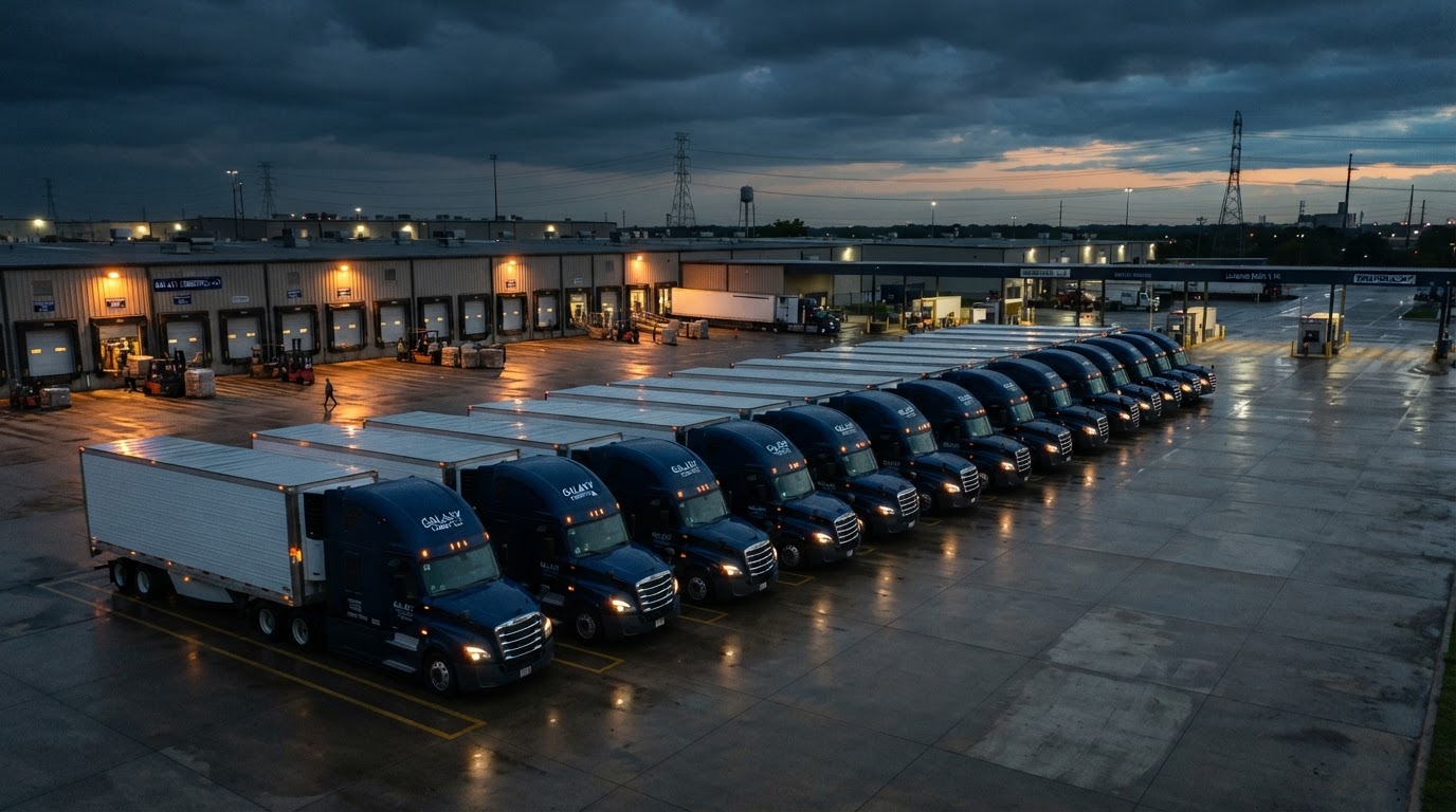 Fleet of commercial semi-trucks lined up at a logistics depot at dawn