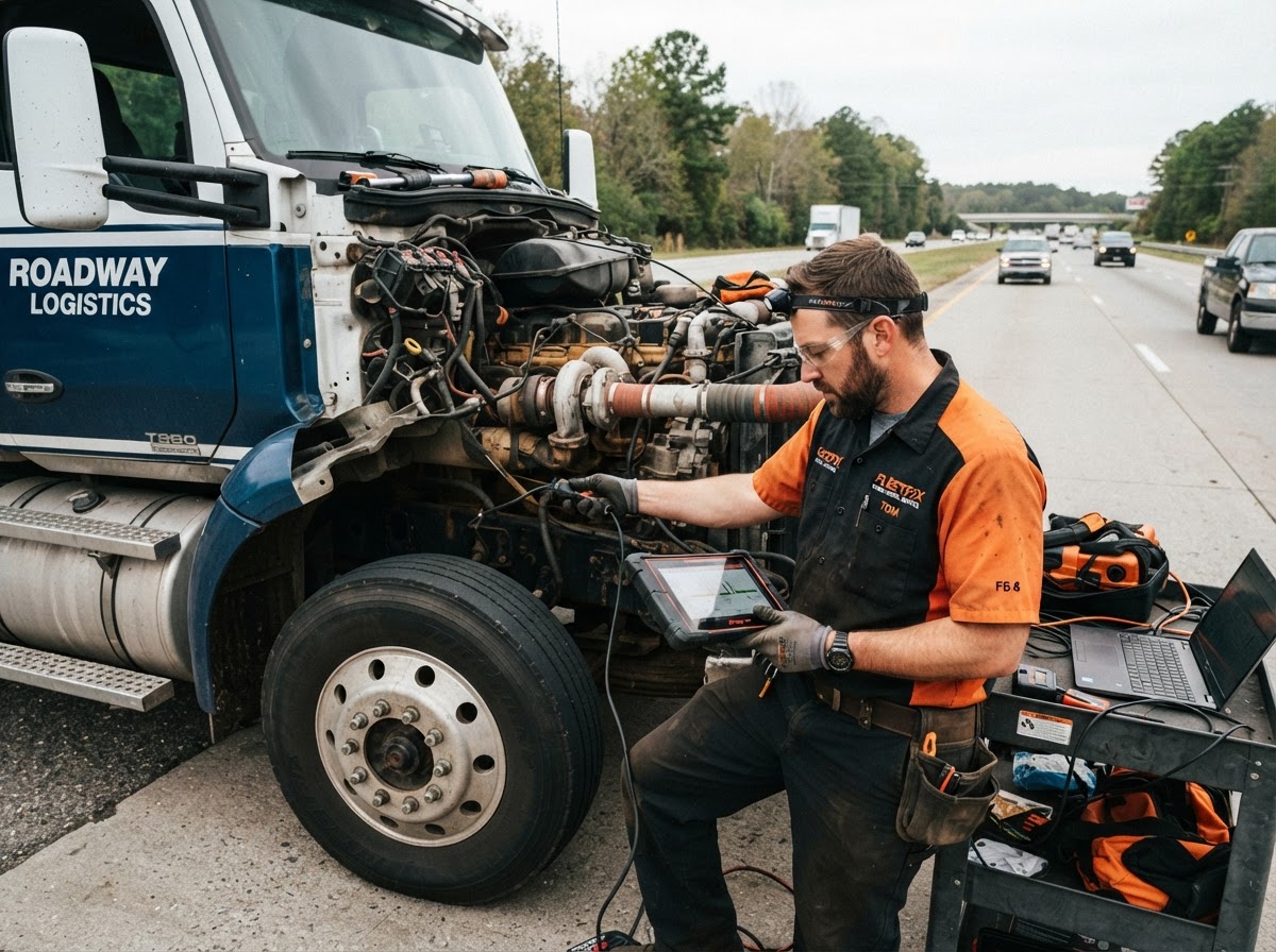 Mobile diesel mechanic technician servicing a commercial semi-truck engine roadside