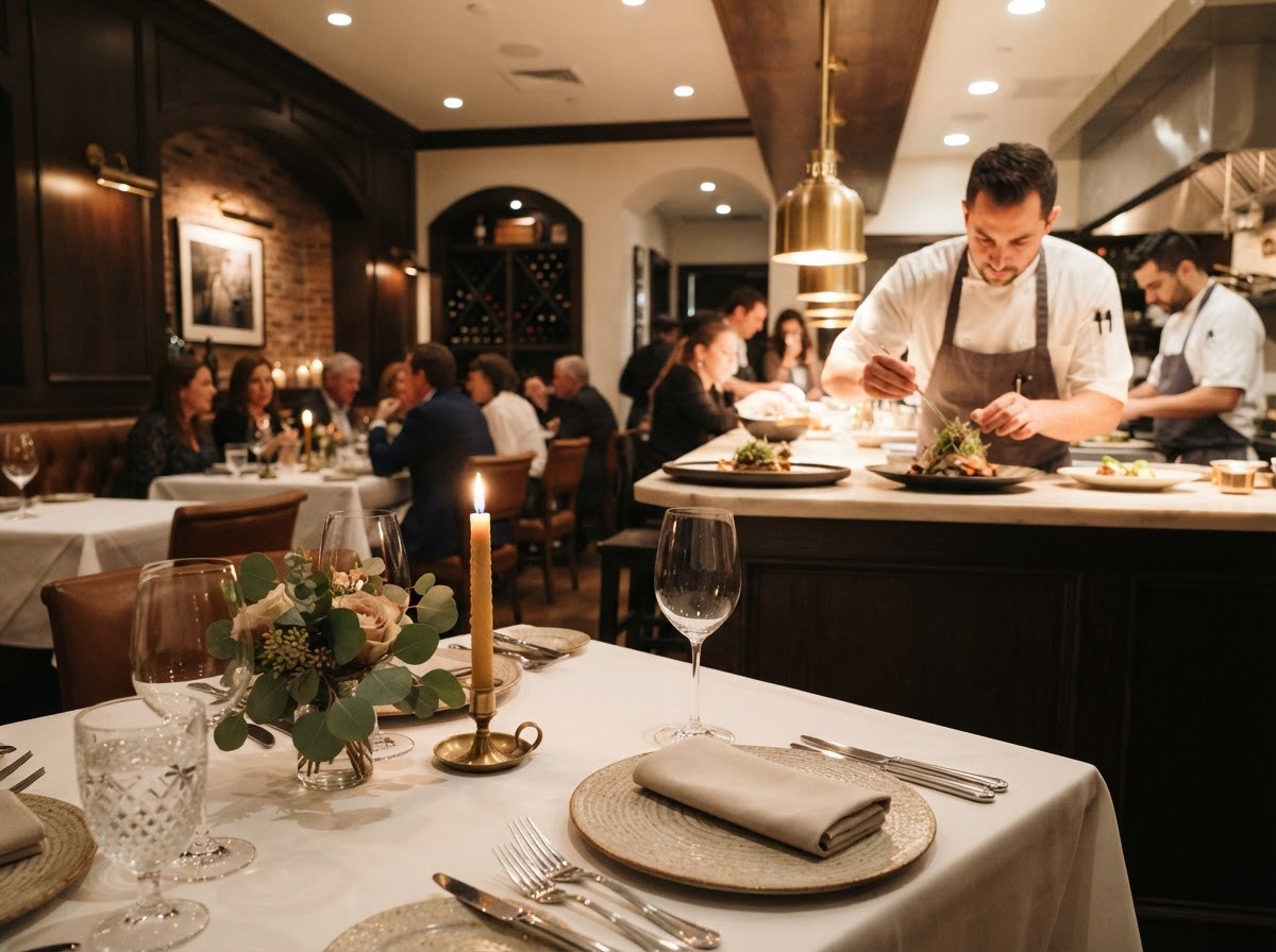 Upscale restaurant interior with warm ambient lighting