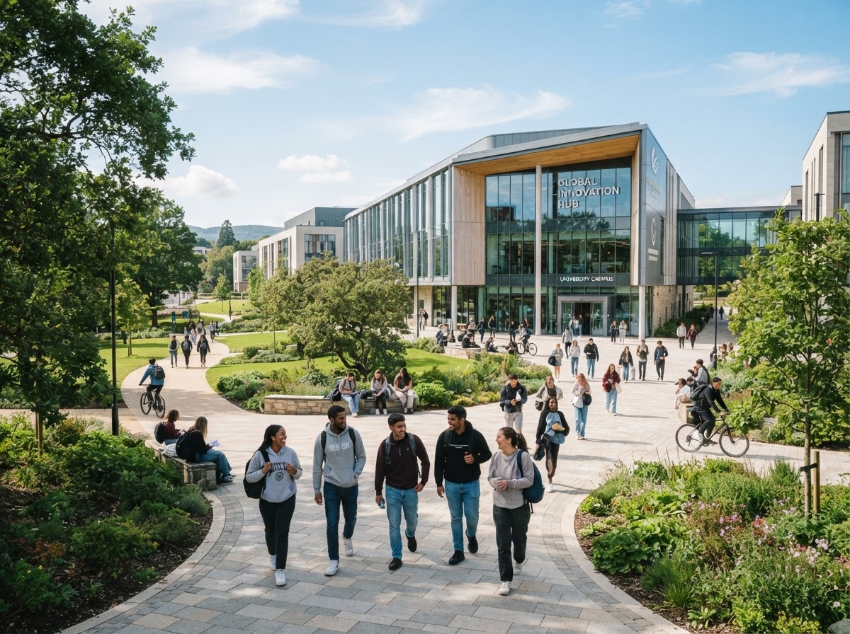 Modern university campus with students