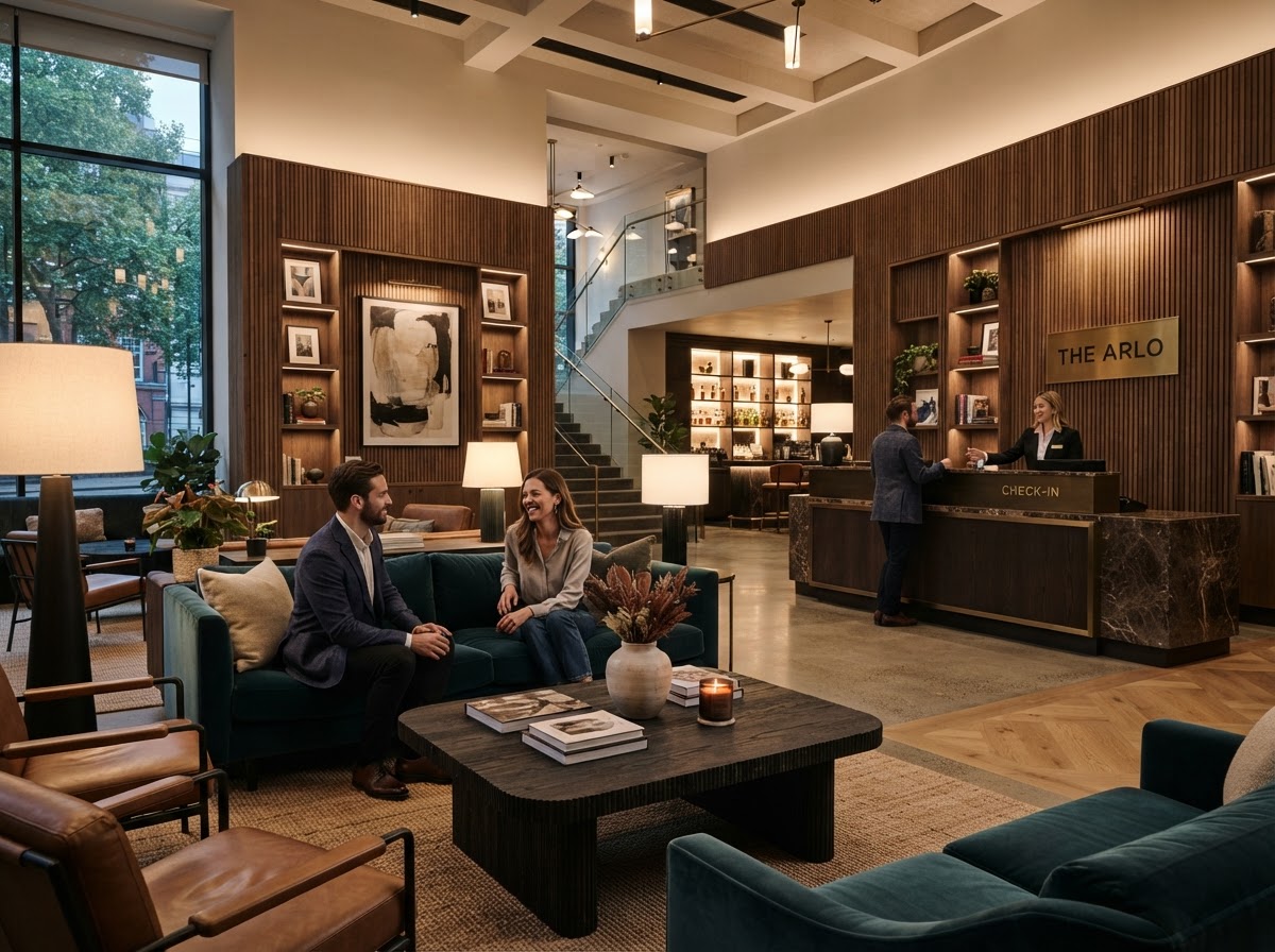 Luxurious boutique hotel lobby with modern decor