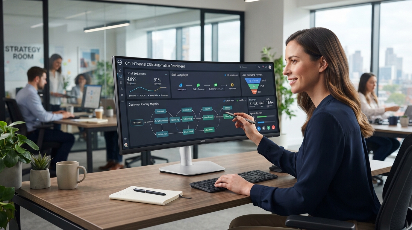 CRM automation workflow dashboard showing email sequences, SMS campaigns, lead nurturing funnels, and customer journey mapping