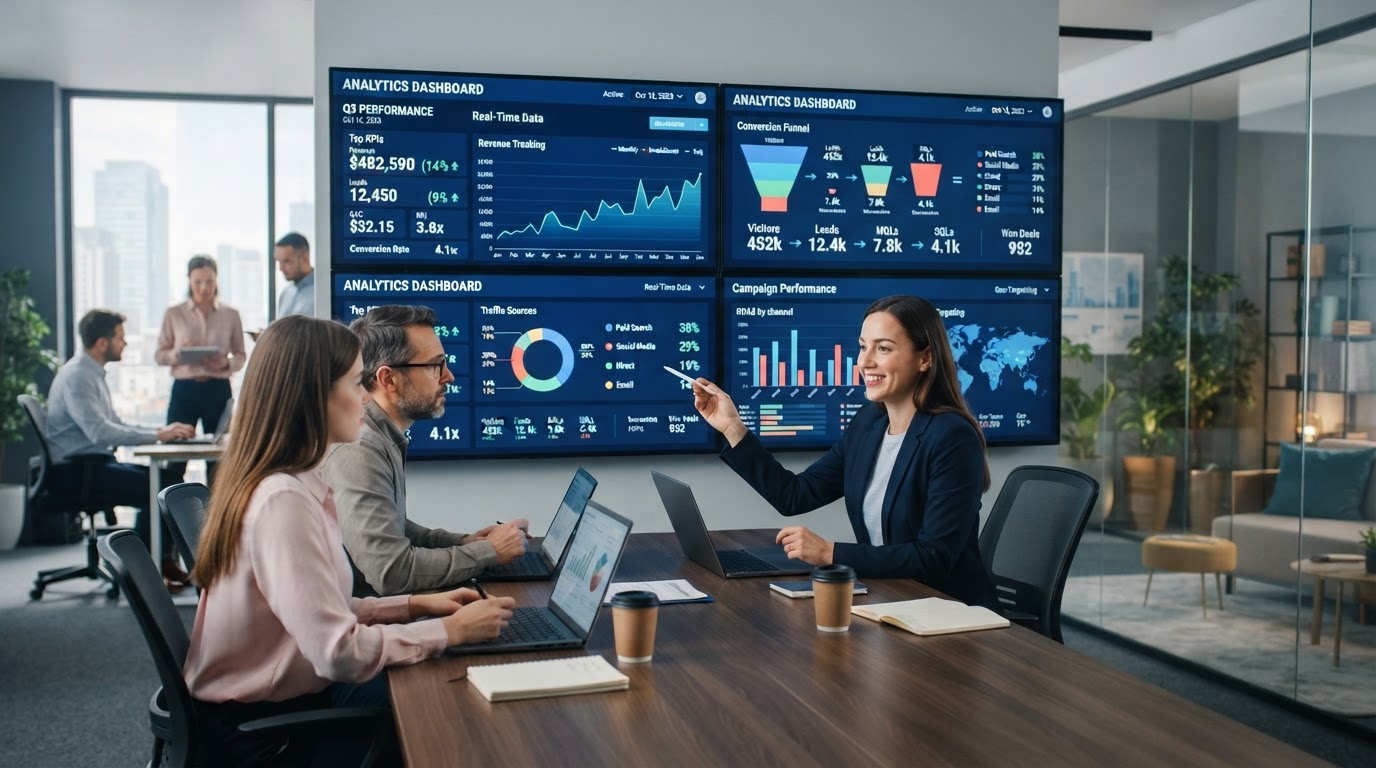 Marketing analytics dashboard showing real-time KPIs, revenue tracking, conversion funnels, and data visualization for informed business decisions