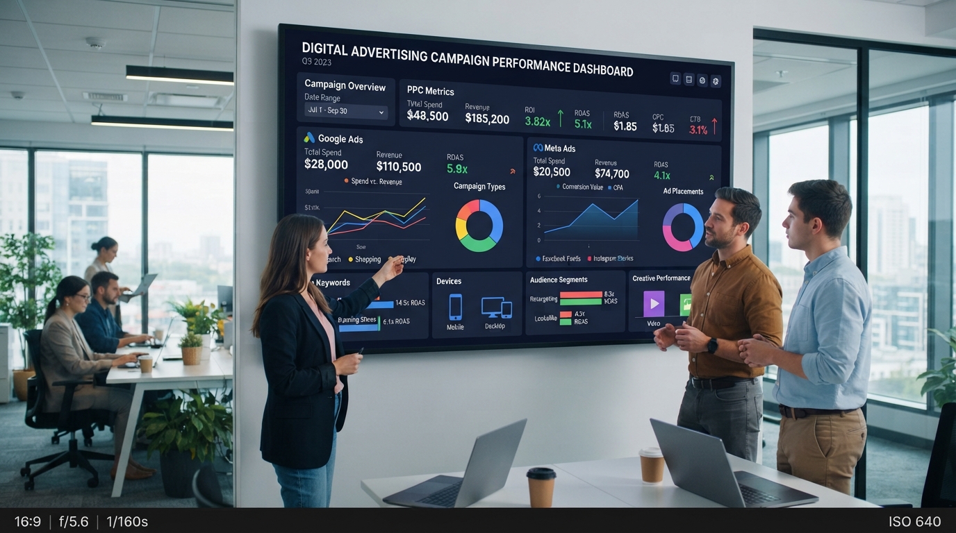 Digital advertising campaign dashboard showing PPC performance metrics, ad creatives, and ROI tracking across Google and Meta platforms